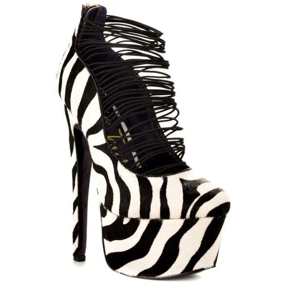 NEW London Trash Leather  Black White Zebra Fur Platform Stiletto Heel 7 - Picture 2 of 12